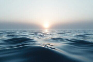 Aufkleber - Tranquil ocean waves glisten under the soft glow of the rising sun, casting a serene, misty ambiance over the water.