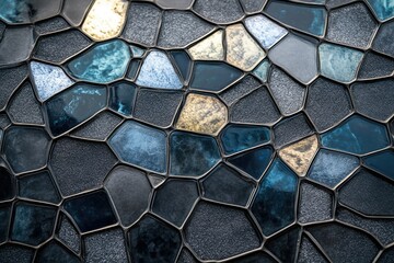 Aufkleber - A close-up of a textured stone mosaic with a blue, gray and gold color palette.