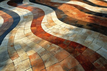 Poster - A textured pavement with different colored tiles laid in a wavy pattern creating a visually striking design.