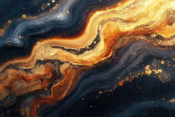 Poster - Abstract art: Fluid, swirling mix of dark blue and gold tones with a sparkling glittery effect.