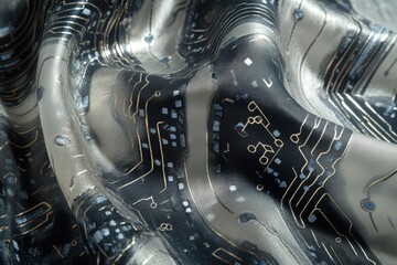 Fototapete - A close-up of draped fabric with a circuit board pattern, combining technology and textile aesthetics in silver, black, and gold.