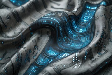 Poster - An intricately textured fabric, embedded with glowing blue circuit patterns, drapes in a futuristic, technology-inspired design.