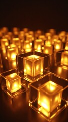 Aufkleber - Glowing Transparent Cubes Reflecting Warm Light in a Dark Setting, Creating an Intriguing Abstract Visual Composition