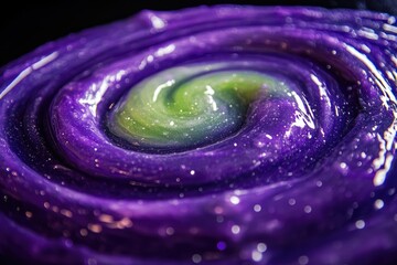 Poster - A close-up image of a purple and green galaxy-like swirl, textured and vibrant with shimmering highlights on a dark background.