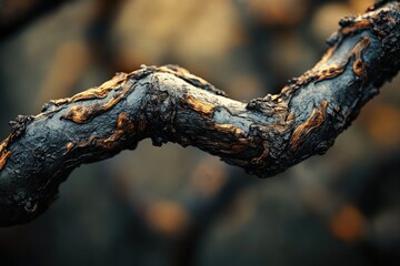 Poster - A twisted, weathered branch with dark bark and glimpses of golden inner wood, captured in natural light.