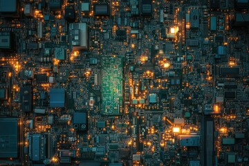 Aufkleber - Detailed view of a complex computer circuit board with glowing elements, representing modern technology and digital connectivity.