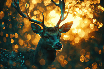 Aufkleber - Majestic deer with large antlers, illuminated by warm golden bokeh in a forest setting.