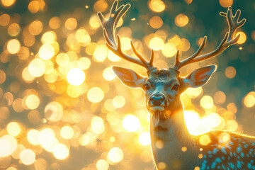 Fototapete - Majestic deer with large antlers, glowing bokeh background, winter wonderland.