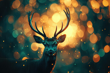 Fototapete - Majestic stag with large antlers stands in a bokeh of warm and cool lights.