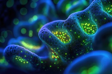 Poster - Abstract blue organic structure with glowing green-yellow bioluminescent dots, resembling a biological cell or deep-sea organism.
