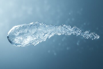 Aufkleber - Capture of a dynamic water droplet in motion, highlighting its smooth surface and intricate form against soft blue background.