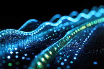 Leinwandbilder - Glowing blue and green waves of data flow across a dark background, resembling circuits and energy transmission.
