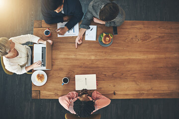 Poster - Laptop, meeting and top view of business people in office with food for teamwork, collaboration and planning. Mockup, corporate and workers with computer, documents and graph for financial report