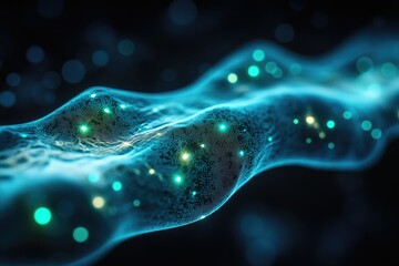 Leinwandbilder - Abstract representation of data flow or energy current, with glowing dots and blue waves.