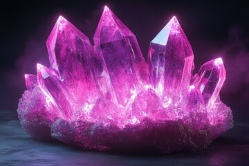 Poster - A cluster of translucent, pinkish-purple crystals glows against a dark background, radiating a mystical and enchanting luminescence and geometric perfection.