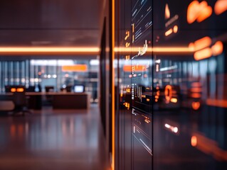 Aufkleber - Modern office space with illuminated digital displays and sleek furniture at dusk in a corporate environment