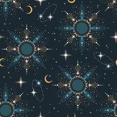 Wall Mural - blue seamless pattern with astrology elements. trendy background for design of fabric, package, astr