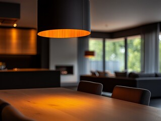 Fototapete - Modern dining area illuminated by warm pendant light with a cozy atmosphere in a stylish home setting
