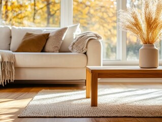 Leinwandbilder - Cozy living room with natural light highlighting autumn colors and simple decor elements