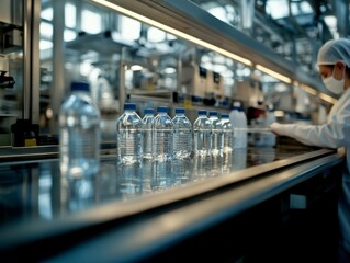 Poster - Factory worker inspecting water bottles on a production line in a beverage manufacturing facility during daytime
