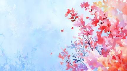 Poster - vibrant watercolor painting featuring delicate branches with colorful leaves shades of red, pink, and blue against soft blue background