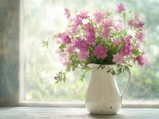 Wall Mural - a white vase with pink flowers in it sits on a table by a window. the flowers are arranged in a way 