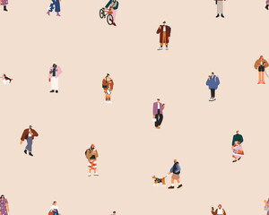 Fototapete - Tiny people pattern. Seamless background design with urban character walking outdoors. Modern city print with men, women on street. Endless printable repeating flat vector illustration for textile