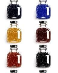 Poster - Four different colored glass bottles displayed together showcasing their unique designs and styles