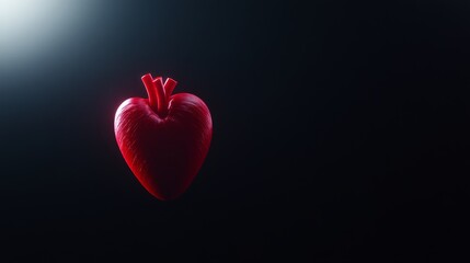 Poster - Close-up view of a realistic heart featuring a vibrant red glow. The dark backdrop enhances its brilliance, conveying themes of love and energy with ample copy space