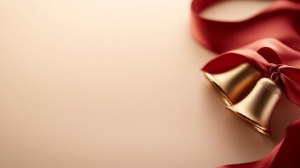 Aufkleber - Close-up view of shiny golden Christmas bells elegantly tied with a red satin ribbon, set against a soft pastel cream background, perfect for festive decoration