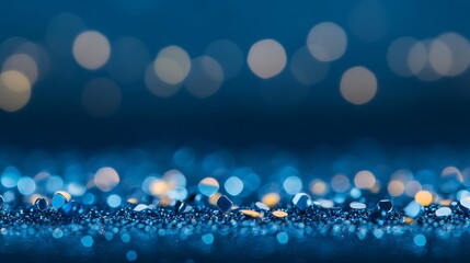 Aufkleber - Close-up view of sapphire glitter sparkles set against a blurred deep blue backdrop, creating a rich, dreamy atmosphere with ample copy space on the left
