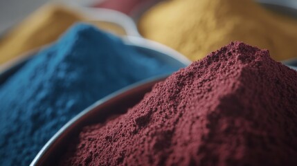 Aufkleber - Dry granulated pigments in rich red, blue, and yellow are scattered, revealing their textures and evoking an artistic atmosphere, perfect for creative expression