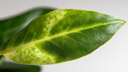 Poster - Single Dieffenbachia leaf showcases intricate green patterns in a watercolor illustration, set against a soft white backdrop with ample copy space