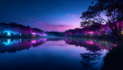 Aufkleber - A serene lake at twilight, surrounded by vibrant trees reflecting vivid colors in the calm water, creating a peaceful and enchanting atmosphere