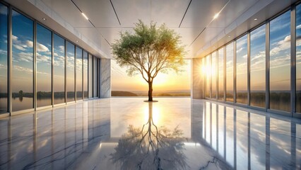 Wall Mural - serene interior space featuring a majestic tree silhouetted against a breathtaking sunset reflected 