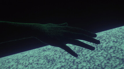 Poster - Reaching out: An ethereal, shadowy hand extends, hovering near a textured surface, hinting at connection and touch within a visually striking scene.