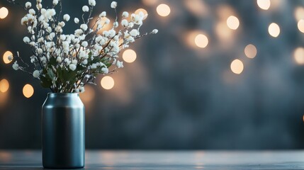 Poster - A frosted silver vase displays a single winter flower arrangement featuring delicate white blossoms and silver-dusted greenery against a softly blurred backdrop
