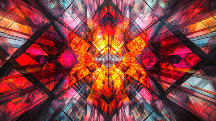 Poster - Kaleidoscopic view of abstract geometric shapes in red orange and blue with dark lines overlaying it