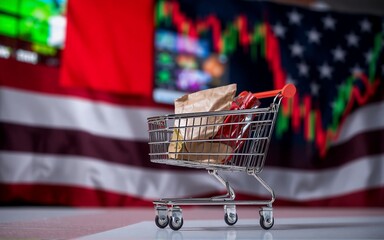Aufkleber - A shopping cart holds items against a backdrop, possibly implying economic themes between countries. The scene evokes market dynamics. The setting involves the intersection of trade and finances, hint