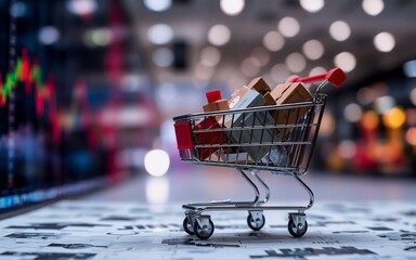 Poster - Shopping cart filled with packages in a blurred store aisle. A screen displaying graphs is in background, suggesting commerce and market analysis.