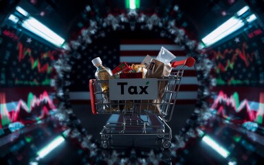 Aufkleber - A shopping cart filled with goods symbolizes the impact of taxes on consumer spending. A US flag and fluctuating chart hint at the economic context, with an overall dynamic perspective.