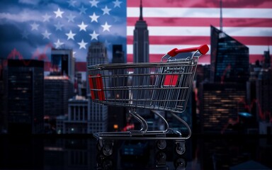 Aufkleber - An empty shopping cart stands before a backdrop of an American flag, skyscrapers, and financial charts. This image symbolizes consumerism and economy.