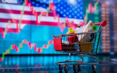 Aufkleber - A shopping cart filled with groceries sits before a blurred image of a chart and flag, representing consumer goods and their relation to the economy. The groceries appear to be everyday household item