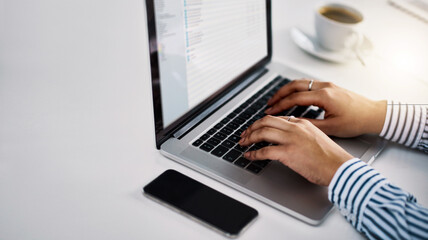 Poster - Laptop screen, report and hands of business woman in office for email, seo review and client feedback. Networking, website and schedule with closeup of employee for connection, notes and typing