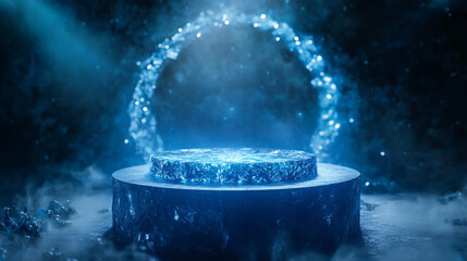 Poster - A blue crystal platform with a glowing ring of light above it in a dark and misty environment