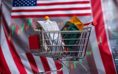Aufkleber - A shopping cart, filled with packaged goods, sits against an American flag backdrop, representing commerce. The background showcases a fluctuating chart, hinting at market volatility, economic stabili