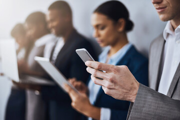 Aufkleber - Technology, hands or business people waiting for recruitment, hiring app or job interview. Sign up, phone or candidates on tablet in studio for employment opportunity registration on gray background