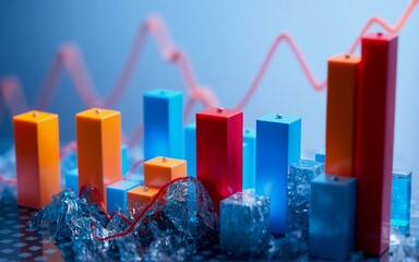 Aufkleber - The image features a colorful 3D bar graph with a fluctuating red line. The bars show a rise and fall in the data trends with a complex icy foreground. The composition conveys concept analysis.