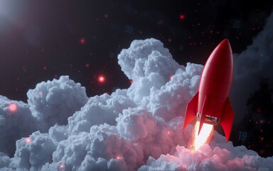 Poster - A vibrant red rocket blasting off through dense white clouds, illuminated by fiery jets and a starry dark sky, symbolizing progress, development, and innovation.
