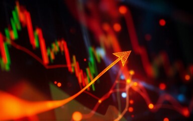 Aufkleber - Image shows a financial trend. An upward arrow highlights growth with green/red lines, bokeh lights, suggesting economic fluctuations and data analysis. Hints: finance, stock market, future